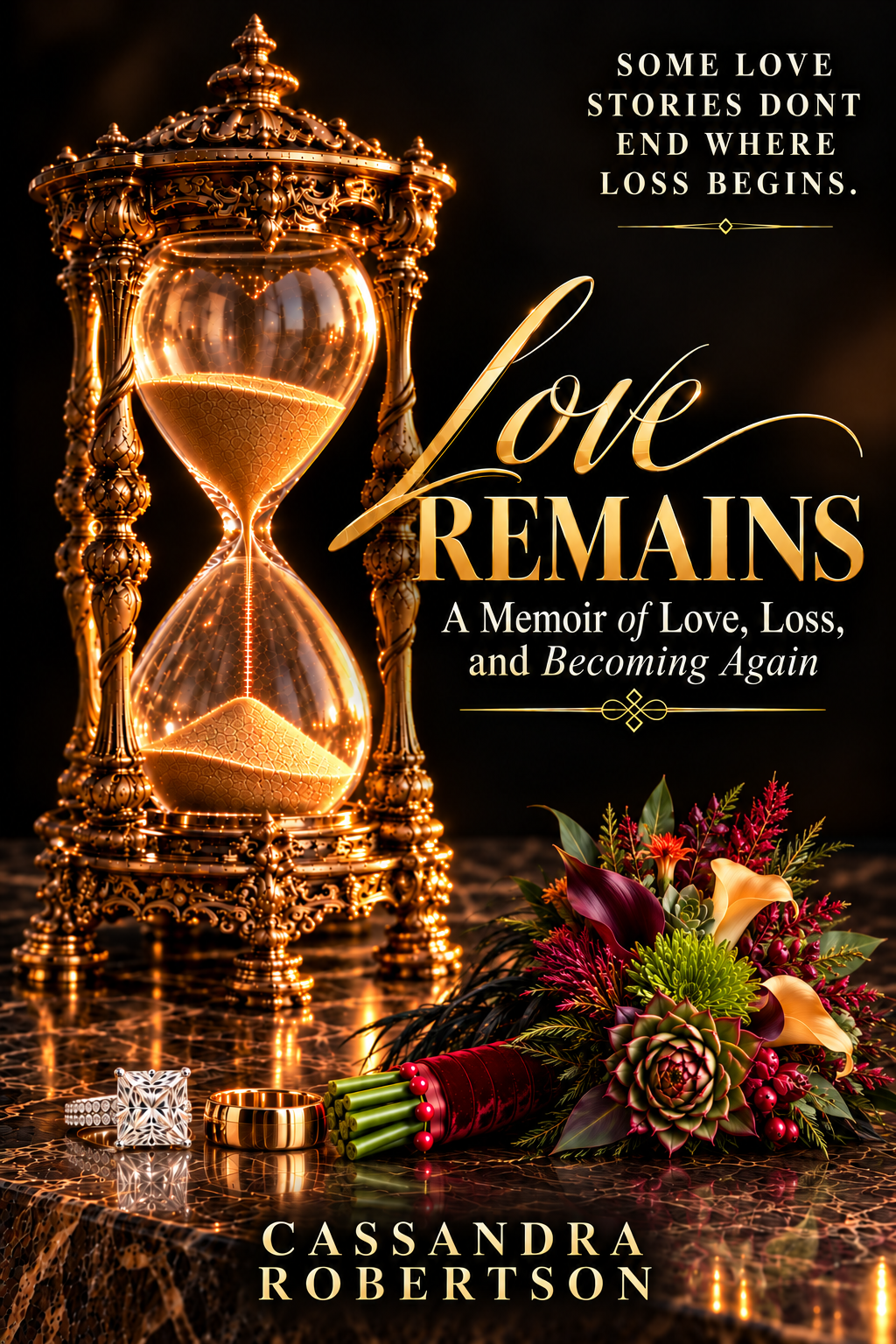 Love Remains memoir cover: a luminous antique gold hourglass, a princess-cut diamond ring, a gold wedding band, and a restrained jewel-toned bouquet, on a dramatic black backdrop